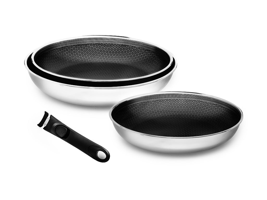 Set of 3 stainless steel fry pans with removable handle - Silver